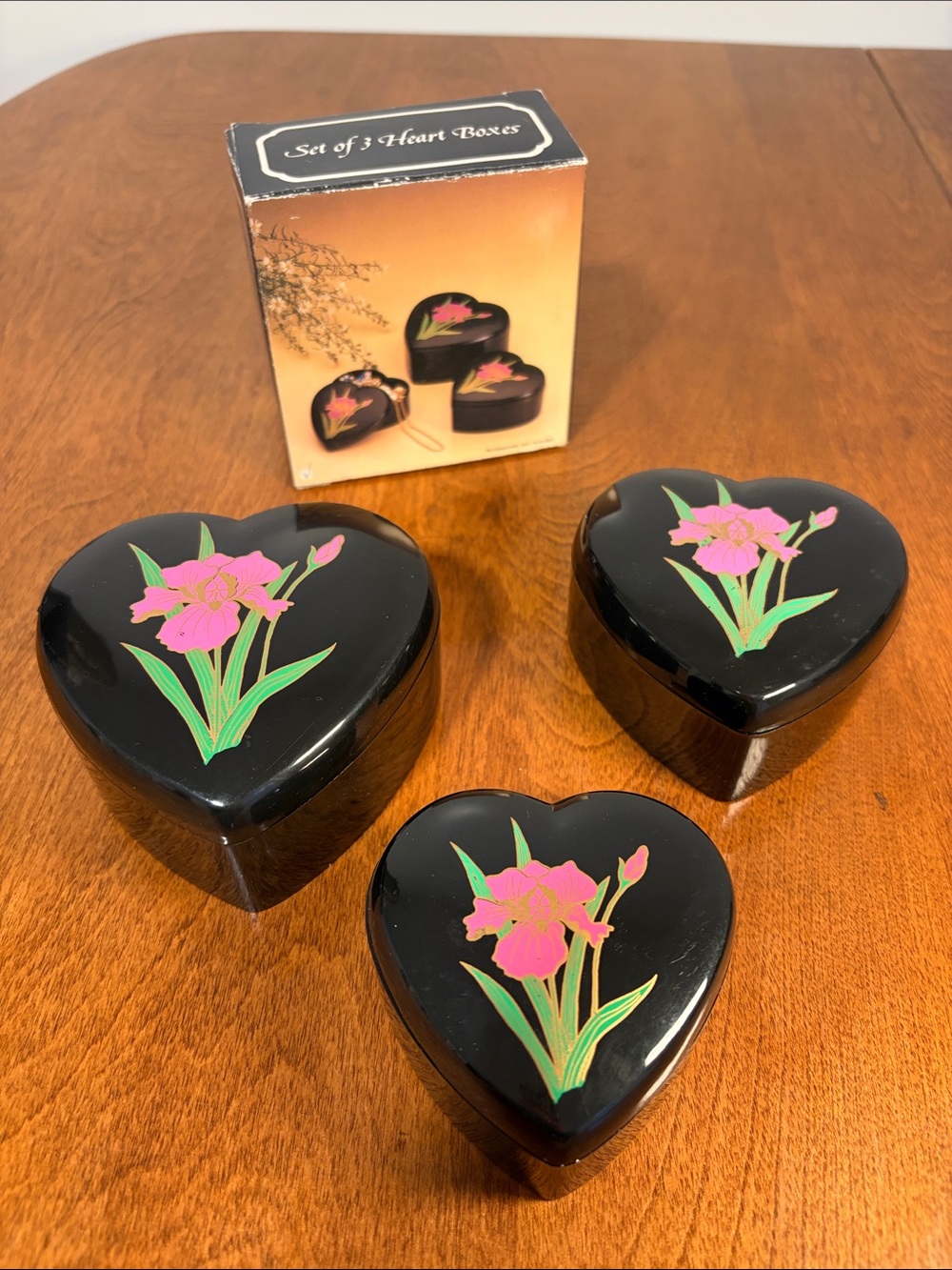 Set of 3 Black Heart Boxes with Pink Floral Design
